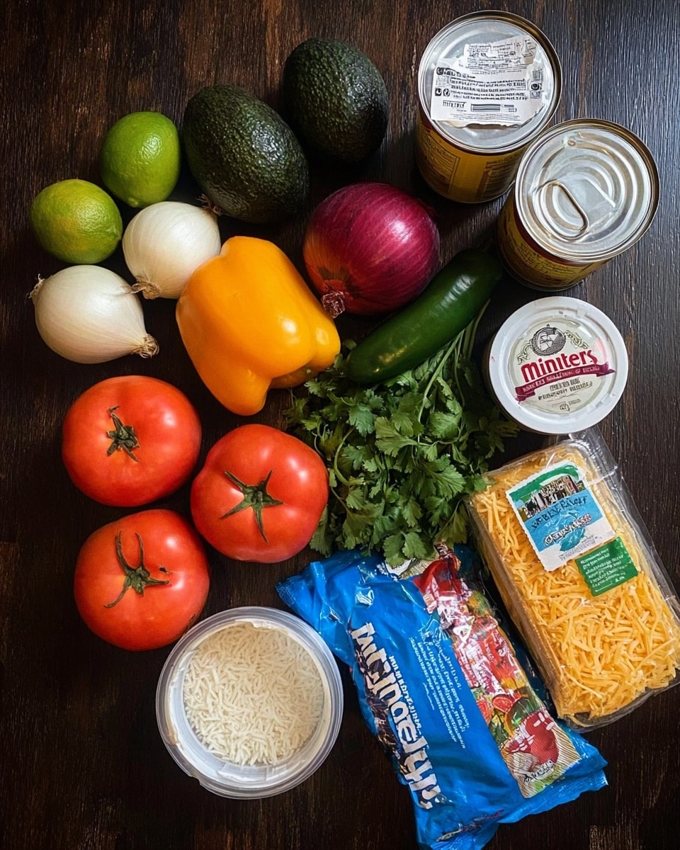 A dark wooden surface holds an assortment of fresh and packaged ingredients for a meal. From left to right there is a lime, two avocados, a green chili pepper, three onions (two yellow and one red), two red tomatoes, a bunch of fresh green cilantro, an orange bell pepper, a green bell pepper, a box of Minute white rice, three cans of food (one with a yellow label, one with a white label, and one with a blue label), a container of sour cream with a white lid, and a blue bag of shredded Mexican-style cheese. Photo taken with an iphone --ar 4:5 --v 7