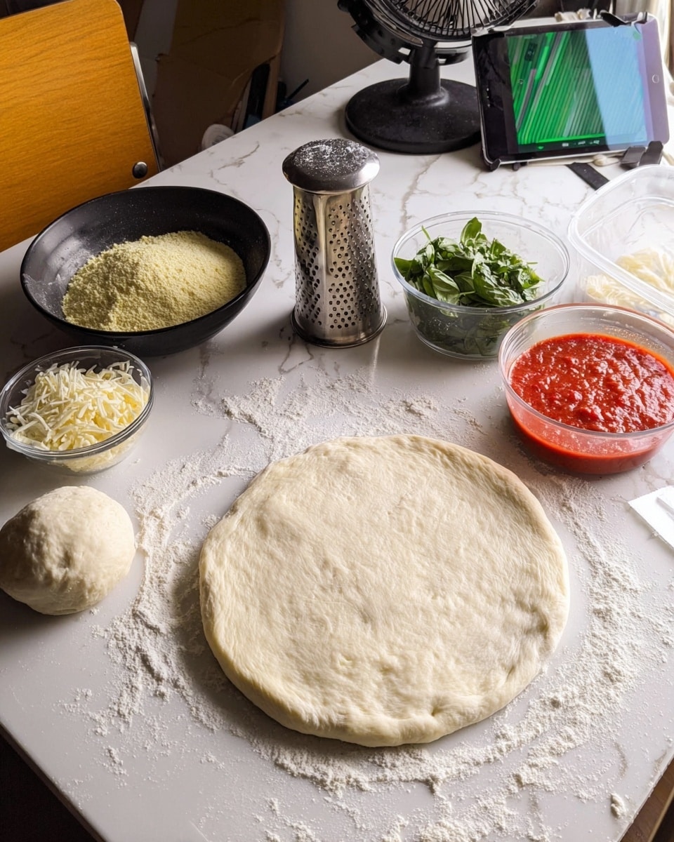 A round, uncooked pizza dough is laid flat on a white marbled surface dusted with light yellow flour. To the upper left of the dough, there is a shallow black bowl filled with fine yellow flour. Next to it, a metal shaker with a top full of small holes sits in the middle. To the right, there are three transparent plastic containers: one with bright red tomato sauce, one filled with fresh green basil leaves, and one with white shredded cheese, followed by a container with white dough rising inside. In the background, a chair, a black stand fan, and a tablet with a green and blue case lean against a wooden surface. Photo taken with an iphone --ar 4:5 --v 7