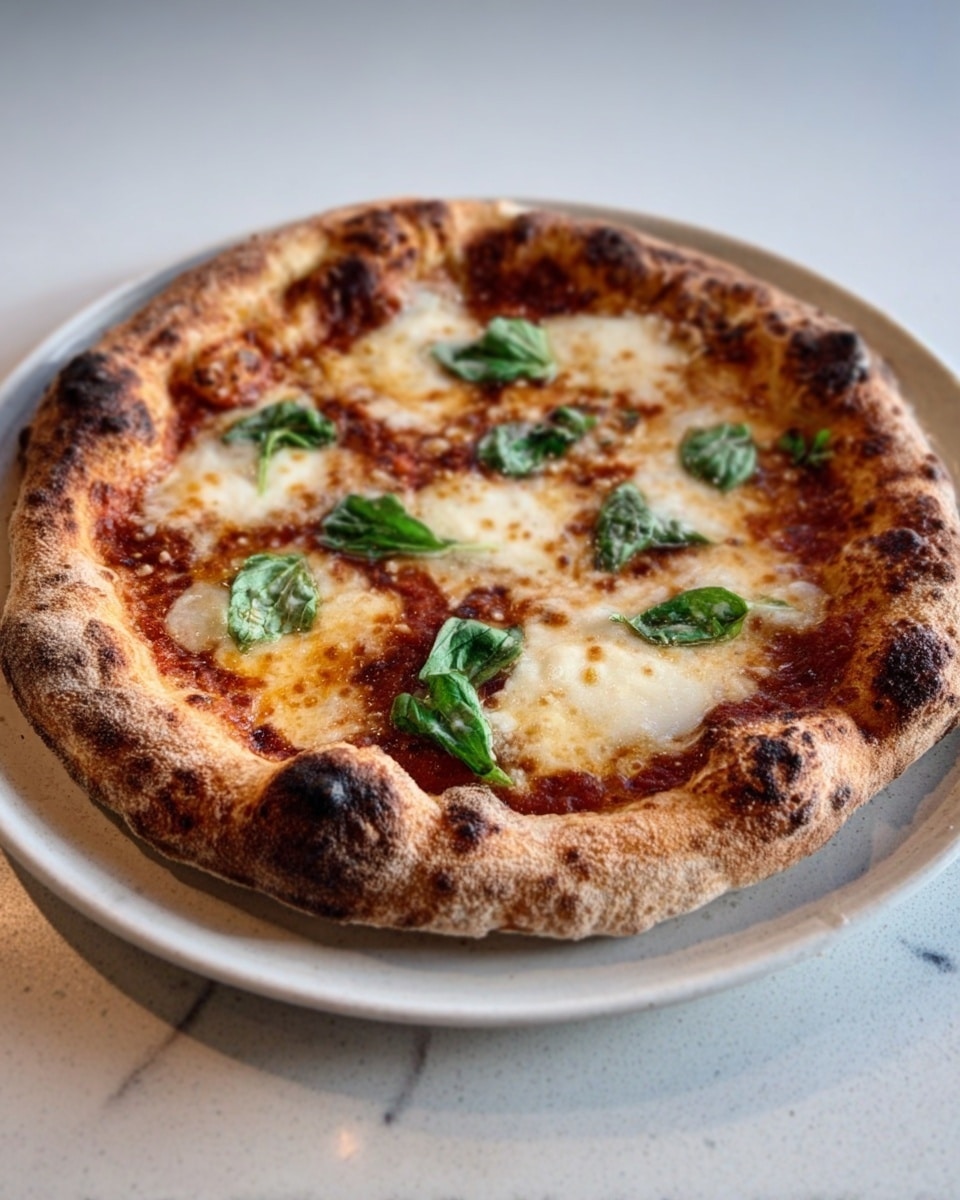 A round pizza with a golden-brown crust that has some darker toasted spots, sitting on a white plate. The pizza has melted white cheese spread unevenly on top with patches of slightly browned areas, with fresh green basil leaves scattered across the surface. The sauce is a deep red color and peeks through in some places under the cheese. The background is a white marbled surface. Photo taken with an iphone --ar 4:5 --v 7