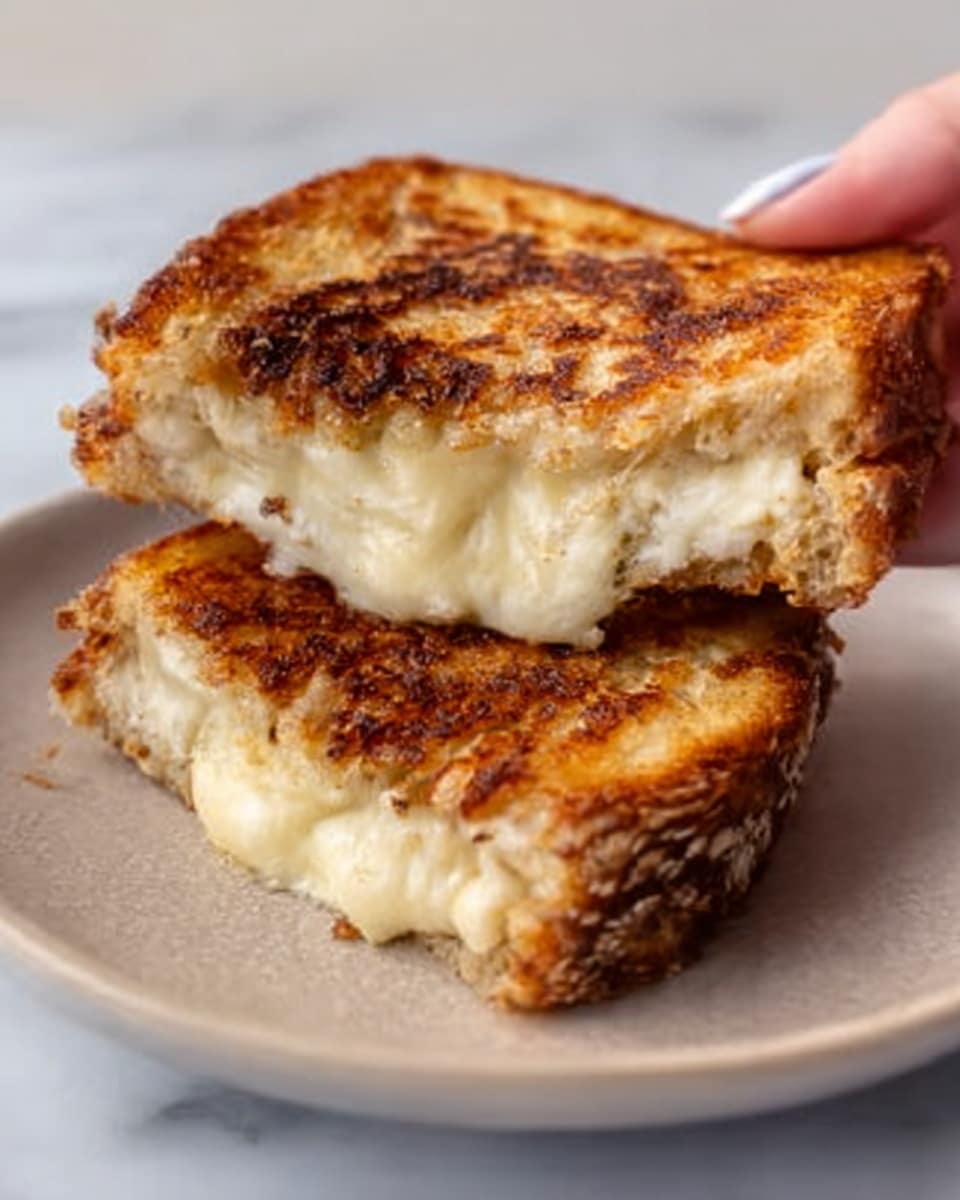 The image shows a grilled cheese sandwich cut in half, revealing a thick layer of melted creamy cheese in the middle. The bread is golden brown and crispy with a crunchy texture, and small bits of toasted cheese are visible on the outer crust. The sandwich halves are stacked slightly askew on a white plate, placed on a white marbled surface. A woman's hand is holding the upper half of the sandwich, lifting it to show the cheesy filling inside. photo taken with an iphone --ar 4:5 --v 7