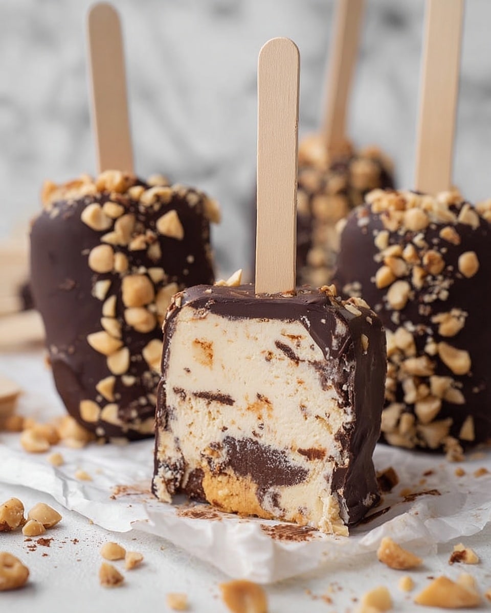 The image shows round ice cream bars coated with a dark chocolate layer covered in small beige nut pieces. One bar in the front is cut open, revealing a middle ice cream layer that is light beige with scattered dark chocolate streaks and some bits of nuts inside. The bars have wooden sticks inserted on top, and they rest on a crinkled white surface with crushed nuts scattered around. The background features a white marbled texture. Photo taken with an iphone --ar 4:5 --v 7