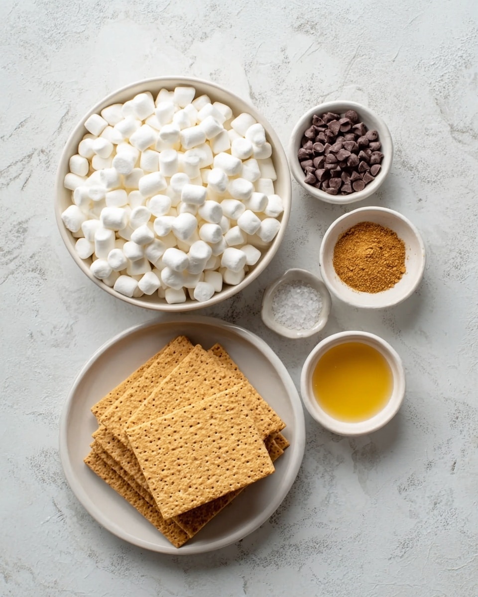 A white bowl is full of small white marshmallows, placed on a white marbled surface. Around the bowl are three small white bowls arranged in a triangle; one filled with small chocolate chips, one with golden brown cinnamon powder, and the third with a golden liquid. Below the bowls, there is a white plate holding neatly stacked square graham crackers. The whole setup is simple and neat, with soft, natural lighting. Photo taken with an iphone --ar 4:5 --v 7