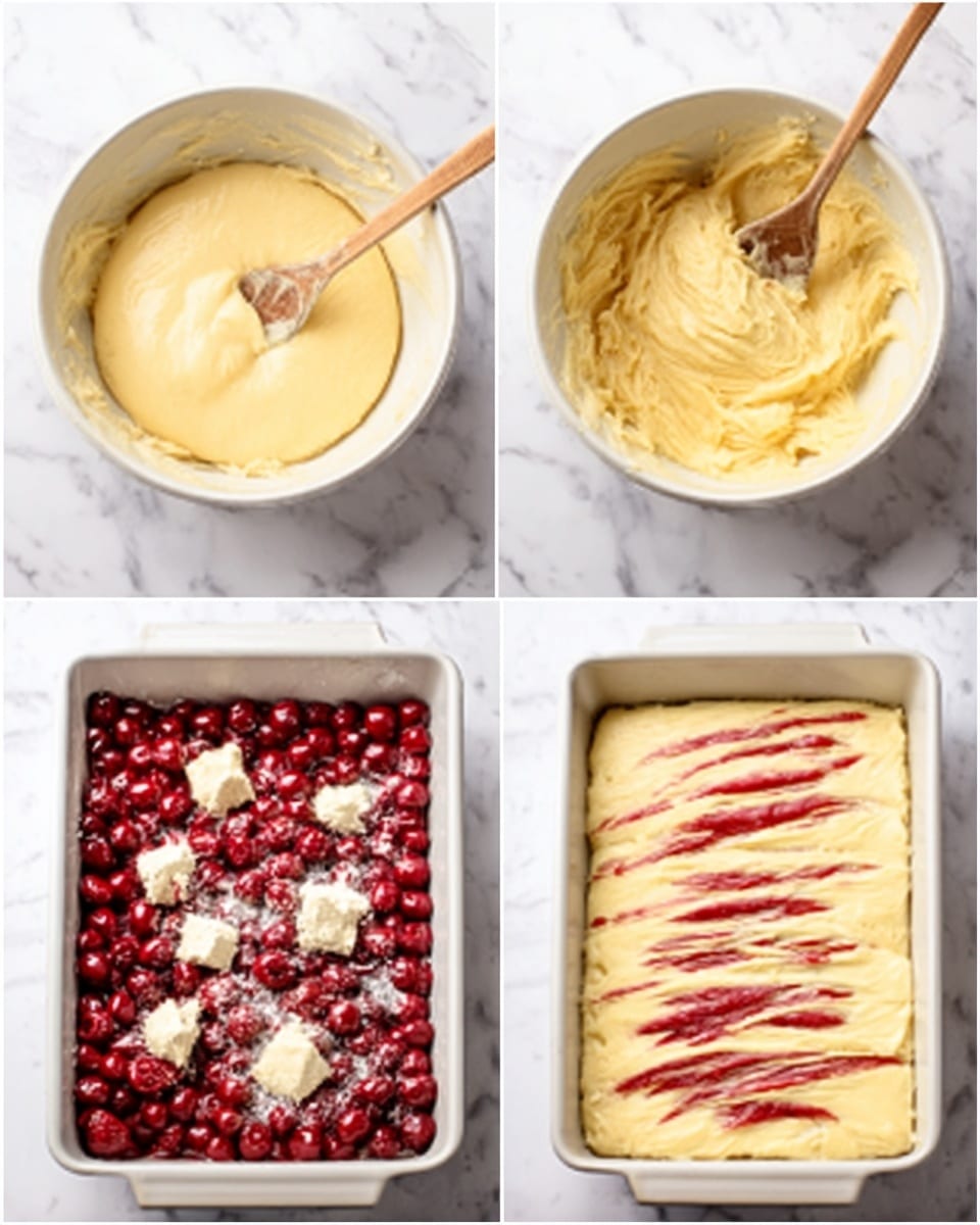 In the first image, a white bowl on a white marbled surface shows a smooth pale yellow dough being mixed with a wooden spoon. The second image features the same bowl with the dough now thicker and creamier, with a slight shine and soft peaks visible. The third image shows a rectangular white baking pan on the same marbled surface; half of it is filled with the yellow dough spread smoothly, and the other half is covered with bright red cherries. There are also some dollops of dough scattered over the cherries. The fourth image shows the baking pan fully topped with thin streaks of the yellow dough spread in a drizzle pattern over the cherries, creating a textured, layered look. Photo taken with an iphone --ar 4:5 --v 7