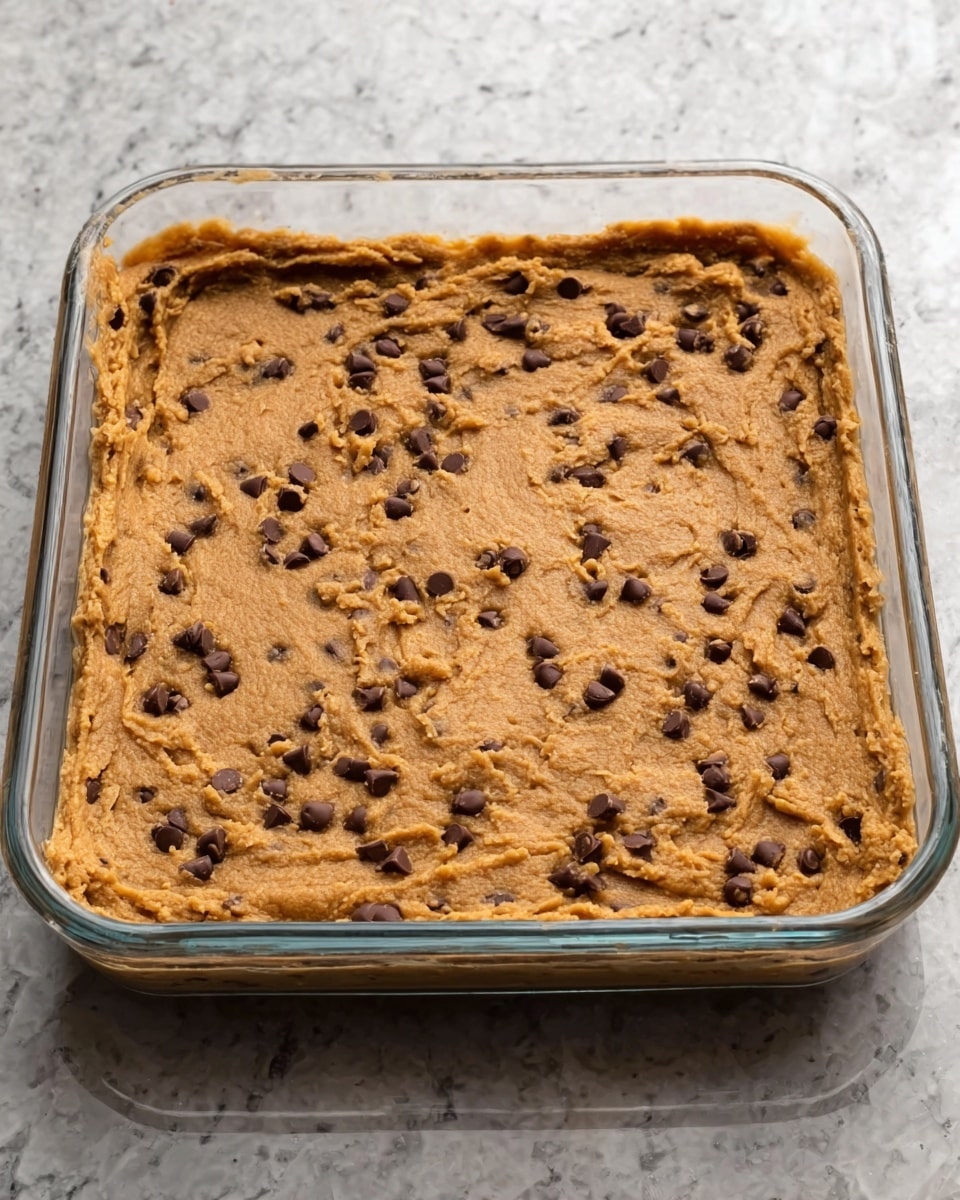 The image shows a rectangular glass baking dish filled with a thick, even layer of light brown dough mixed with small dark chocolate chips. The dough surface is smooth with slight texture from the chips and pushed evenly to the edges of the dish. The dish is placed on a white marbled surface. photo taken with an iphone --ar 4:5 --v 7