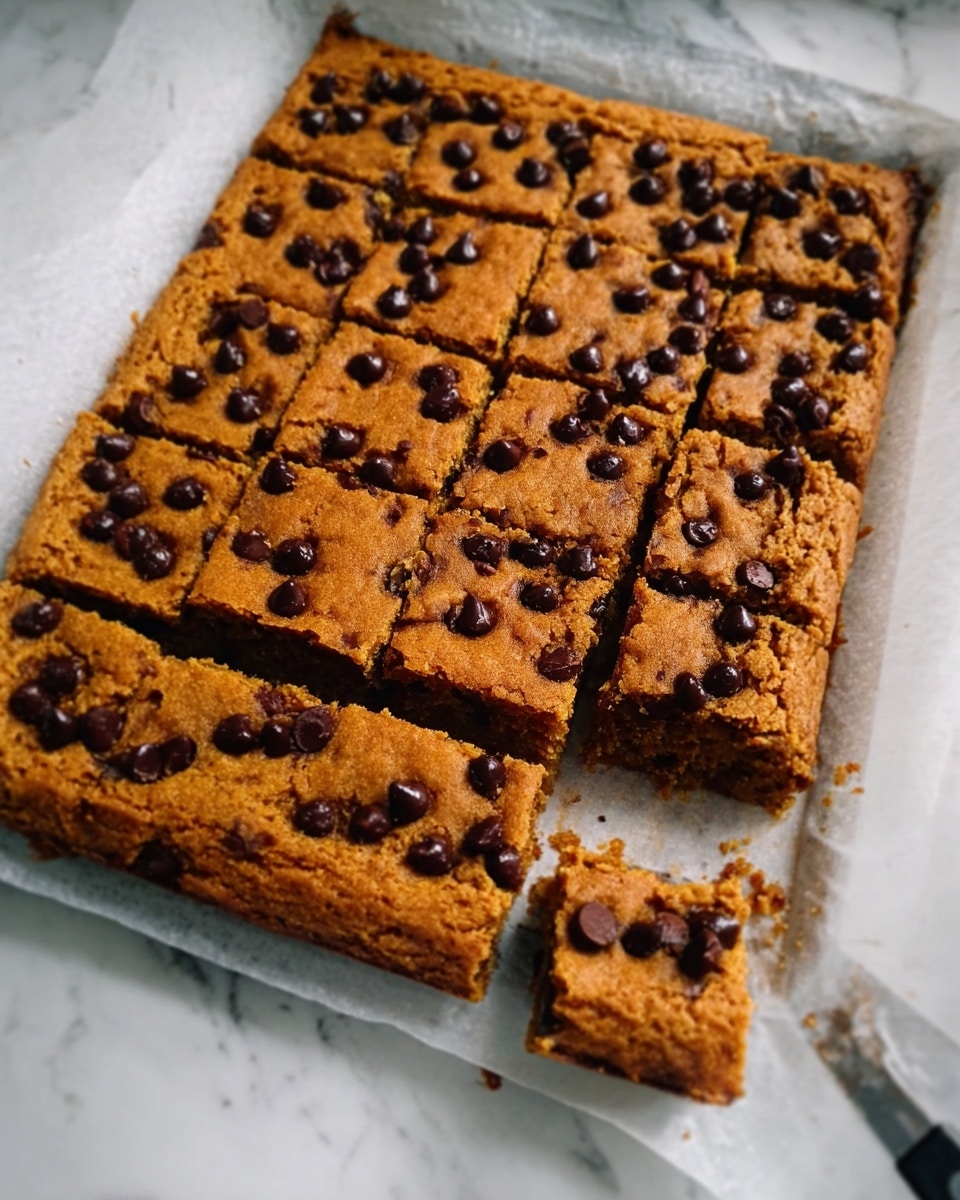 The image shows a tray of baked brown bars with chocolate chips on top, arranged in a grid pattern with some bars already separated from the rest. The bars have a slightly rough texture with a golden-brown color and dark brown, shiny chocolate chips scattered evenly across the surface. The tray is lined with white parchment paper and placed on a white marbled surface. Photo taken with an iphone --ar 4:5 --v 7