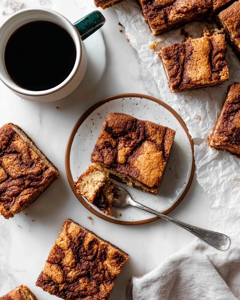 The image shows multiple square pieces of cinnamon swirl cake with a golden-brown top that has a cracked texture, showing dark cinnamon swirls throughout. One piece is on a small white plate with a thin brown rim, and a silver fork with a piece of the cake on it rests partly on the plate. Surrounding the plate are several more squares of the cake placed on white parchment paper over a white marbled surface. To the upper left, there is a white ceramic cup with a dark green handle filled with black coffee. A light grey cloth napkin is partially visible at the bottom right of the image. Photo taken with an iphone --ar 4:5 --v 7