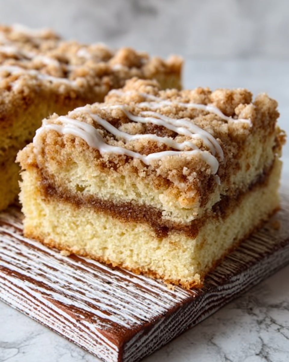 The image shows a close-up of a square slice of crumb cake resting on a white wooden board with text. The cake has three layers: the bottom layer is a soft, light yellow cake with a smooth texture; the middle layer is a thick, brown cinnamon sugar swirl spread evenly; the top layer is a crumbly, golden-brown streusel with bits of large crumbs and a drizzle of white icing in thin lines across the crumb top. The background has a white marbled texture. Photo taken with an iphone --ar 4:5 --v 7