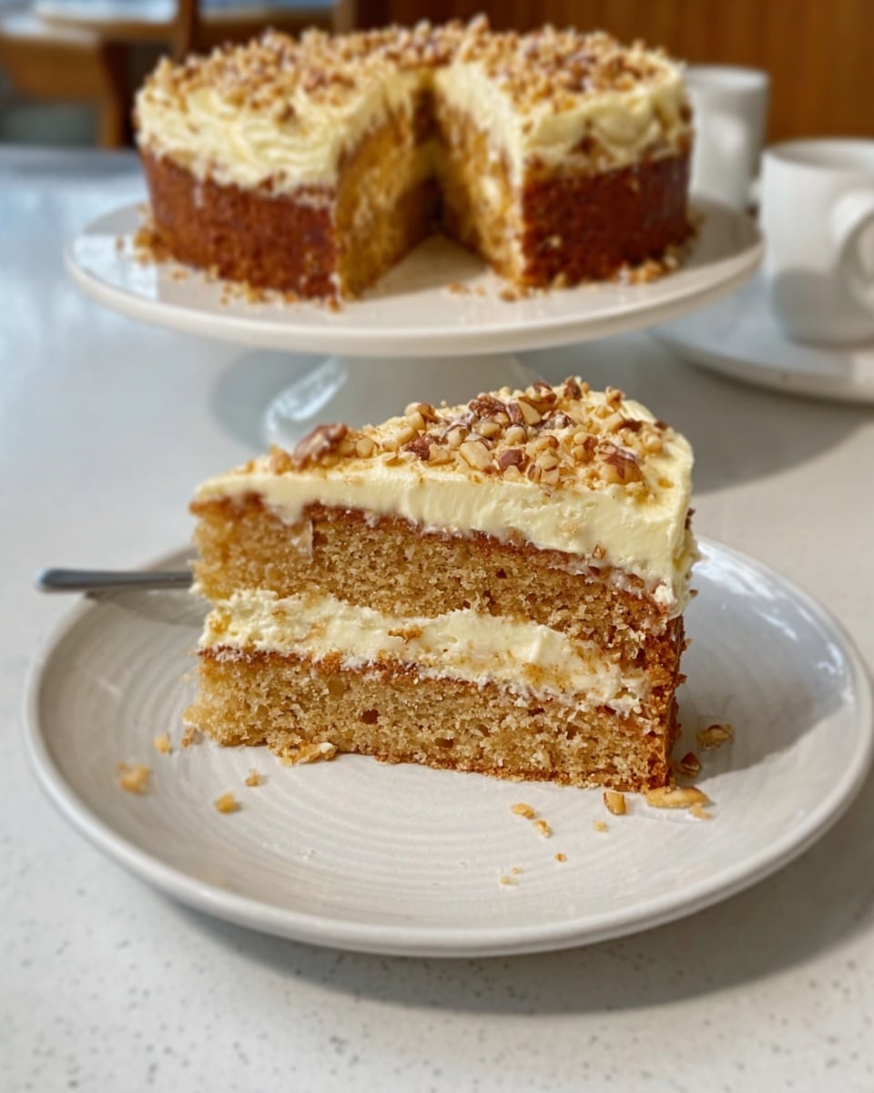 A slice of two-layer cake sits on a white round plate on a white marbled surface. The bottom layer is light brown and looks soft and moist. Between the two cake layers is a thin layer of light cream filling. The top of the cake slice is covered with a thick layer of pale yellow cream frosting and sprinkled with small pieces of chopped nuts. In the background, the rest of the cake is visible on a white cake stand. Photo taken with an iphone --ar 4:5 --v 7