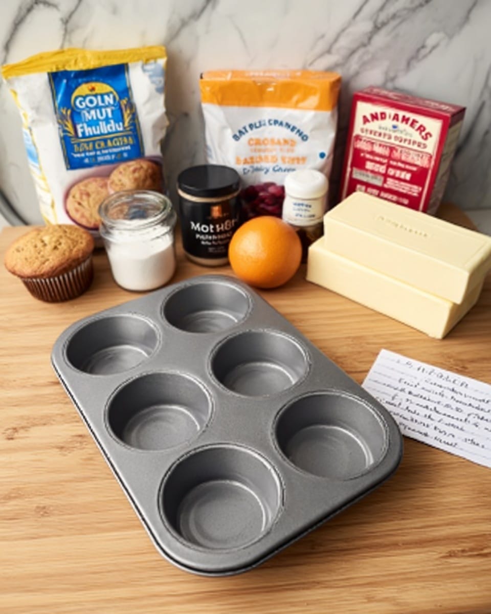 A gray metal muffin tray with six cups sits on a wooden kitchen counter. Nearby, there is a white bag of Gold Medal all-purpose flour displaying blue and yellow colors, a small black container of Morton salt, and a small glass jar of ground nutmeg with a white lid. Behind these, an orange and a brown egg are placed next to a white bag of Ocean Spray Craisins dried cranberries and a package of Arm & Hammer baking soda in its familiar yellow and orange box. To the right, two white and red blocks of Land O'Lakes salted butter are stacked. A handwritten recipe card is also visible on the counter below the butter. The background surface is a white marbled texture. photo taken with an iphone --ar 4:5 --v 7