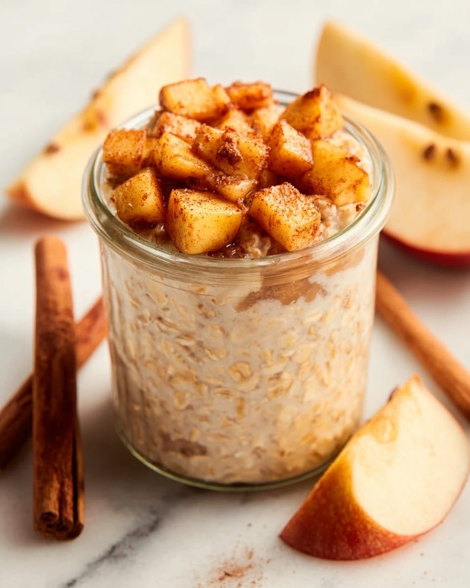 The image shows a small clear glass jar filled with creamy oatmeal that has visible grains and a smooth texture. On top of the oatmeal, there is a thick layer of small, evenly cut apple pieces that are golden brown and slightly caramelized. The jar is placed on a white marbled surface, with a couple of whole cinnamon sticks and a few apple slices next to it. The light is soft and natural, highlighting the warm colors and textures. Photo taken with an iphone --ar 4:5 --v 7