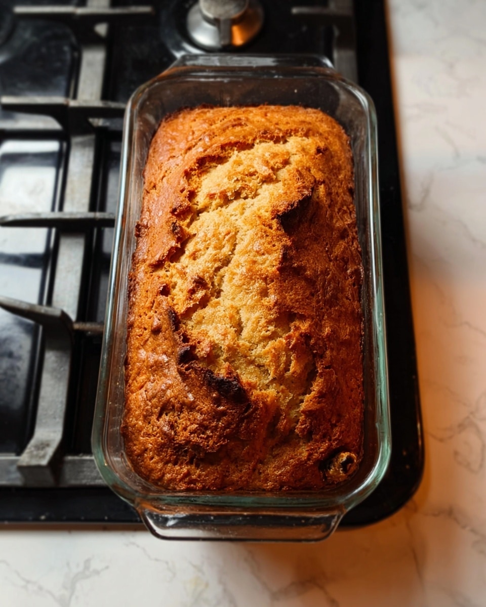 The image shows a loaf of baked bread in a clear rectangular glass pan sitting on a black stove. The bread has a golden-brown crust with a slightly uneven and cracked top surface. The texture looks crunchy and thick, with some darker spots showing a richer baked color. There is a visible small section where the top layer cracked more deeply, revealing a softer, lighter inside. Around the glass pan, part of the stove's grates and control knobs are visible. The background has been changed to a white marbled surface. photo taken with an iphone --ar 4:5 --v 7