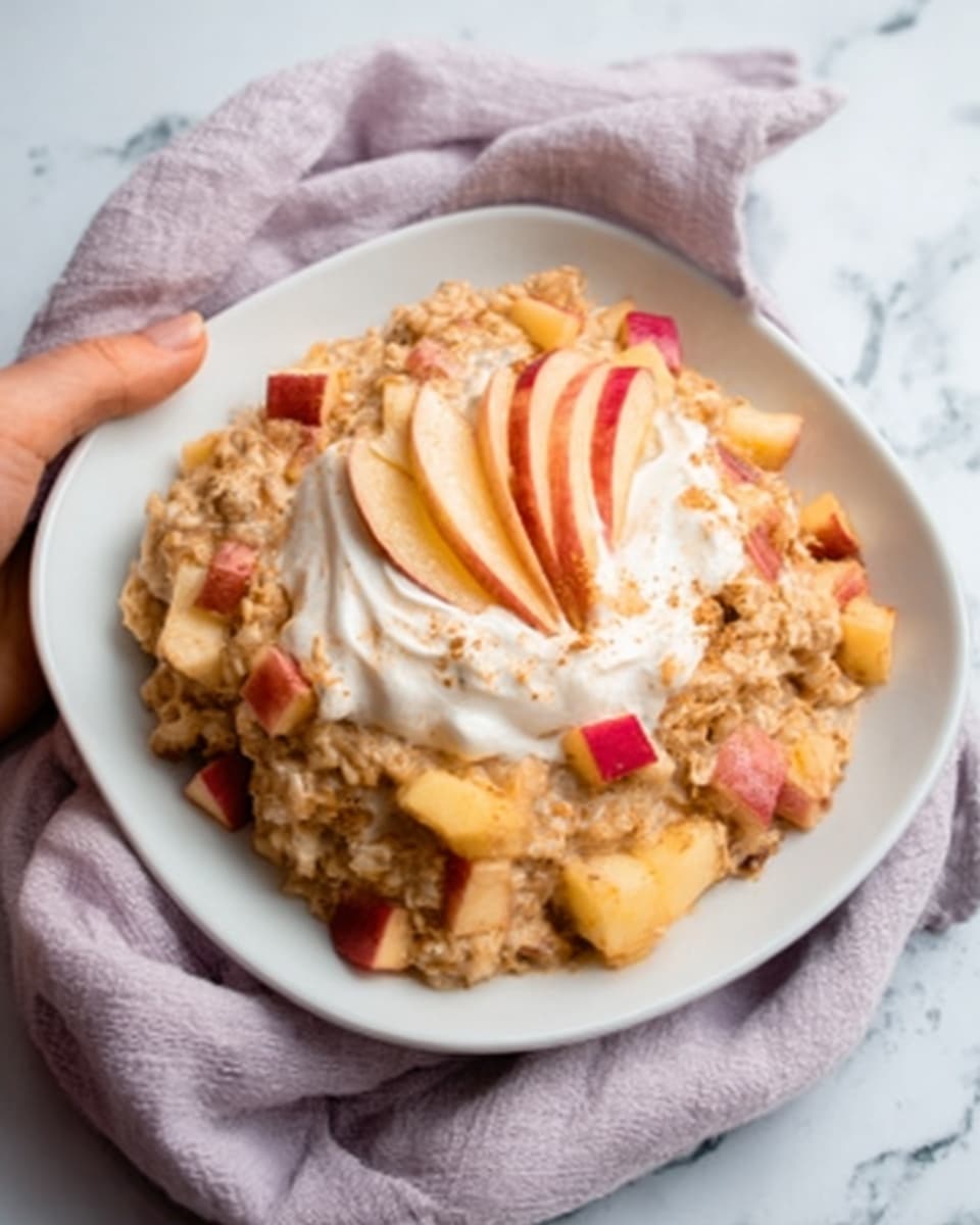 The image shows a white square plate with a single serving of oatmeal topped with small cubes of red and yellow apple pieces mixed in. On top of the oatmeal is a swirl of white cream, slightly soft, with a few thin apple slices inserted into the cream. The colors include beige oatmeal, red and yellow apples, and white cream. The plate sits on a white marbled surface and a folded light purple cloth is placed behind it. A woman's hand can be seen holding the edge of the plate. photo taken with an iphone --ar 4:5 --v 7