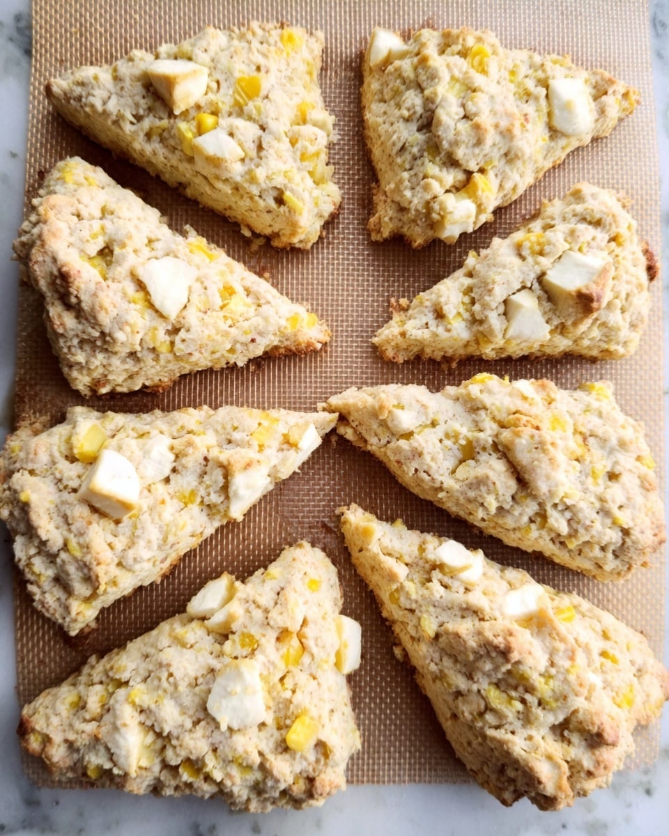 The image shows eight triangular scones arranged on a baking mat with a light brown color. Each scone has a rough, crumbly texture decorated with white chunks and pieces of yellow corn visible throughout. The edges of the scones are uneven, showing their homemade style. The background is a white marbled surface. photo taken with an iphone --ar 4:5 --v 7