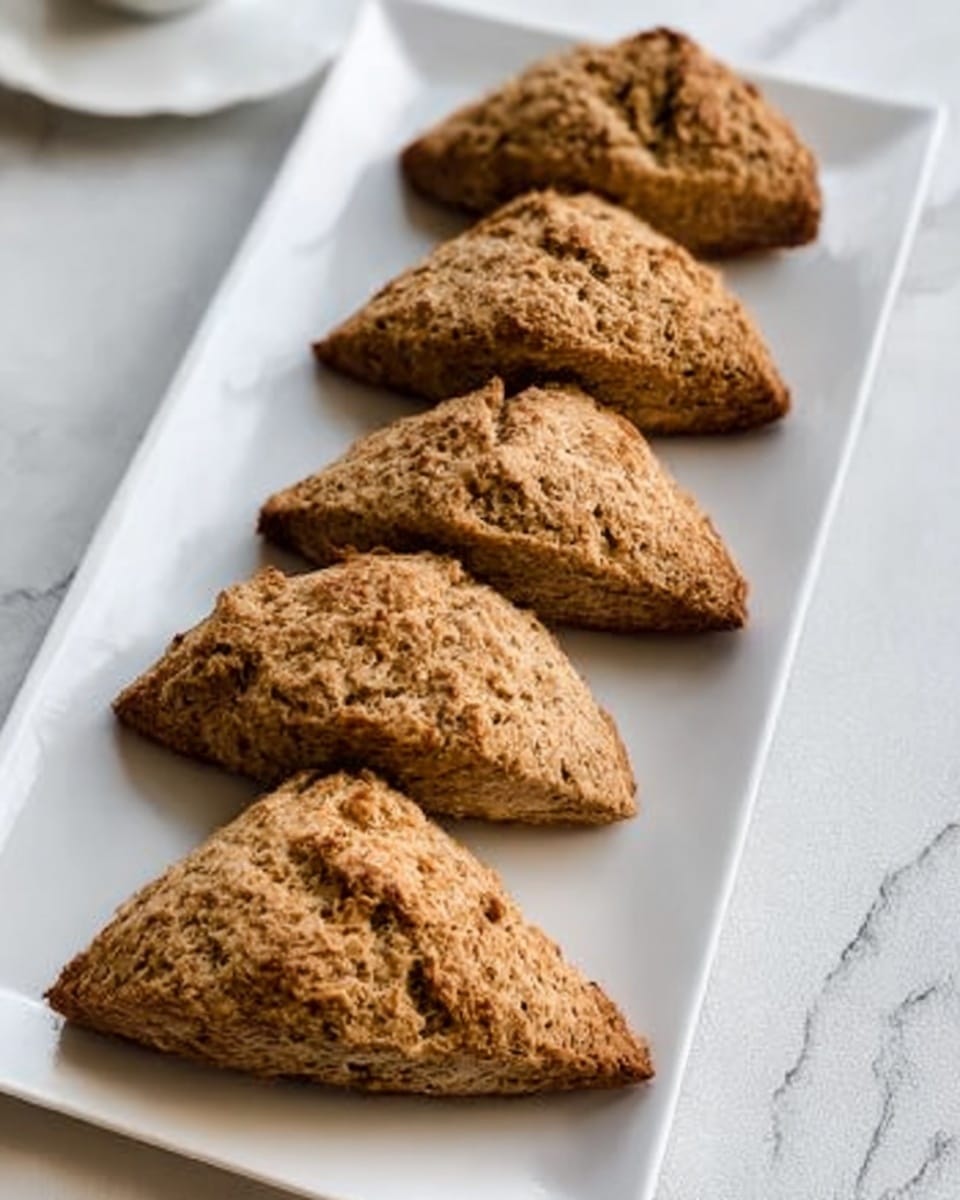 Five brown scones with a rough, crumbly texture are arranged in a single row on a white rectangular plate. Each scone is triangular in shape and has small cracks on the surface showing a slightly golden inside. The plate is placed on a white marbled textured surface with a light and soft look. Photo taken with an iphone --ar 4:5 --v 7