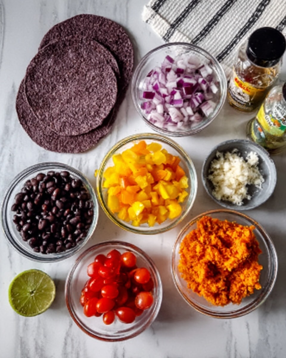 The image shows a white marbled surface with various small clear bowls arranged neatly. From top left to bottom right, there are two dark purple corn tortillas overlapping each other, a bowl with chopped red onions, a bowl with bright yellow diced bell peppers, a bowl with dark black beans, a bowl with a bright orange mashed mix, a bowl with crushed garlic, a bowl with small red cherry tomato halves, and a lime wedge beside them. There are also some bottles and a white and black striped kitchen towel in the background. Photo taken with an iphone --ar 4:5 --v 7