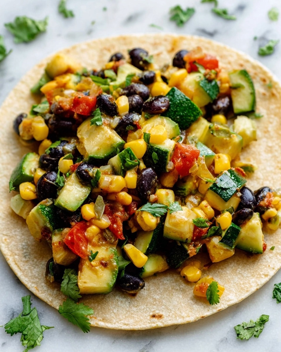 A single soft corn tortilla is laid flat on a white marbled surface, topped with a colorful mix of ingredients. The first layer shows diced green zucchini and bright yellow corn kernels mixed together, with black beans scattered evenly on top. Small pieces of red tomato are also mixed throughout, adding a fresh contrast in color. Bright green cilantro leaves are sprinkled on the mixture, giving a fresh touch. The texture of the toppings looks fresh and slightly juicy, sitting on the soft, light-beige tortilla. The background is softly blurred, keeping the tortilla as the main focus. Photo taken with an iphone --ar 4:5 --v 7