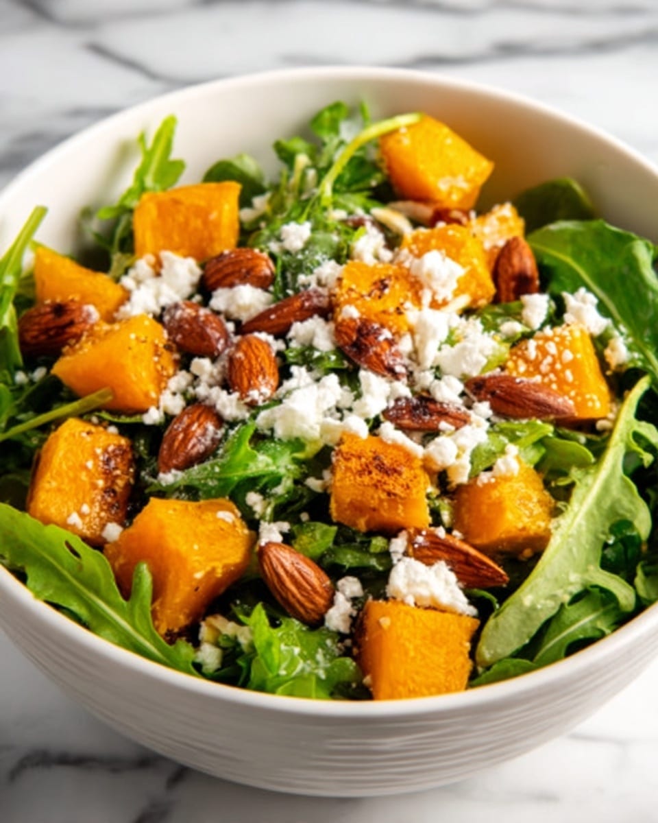The image shows a white bowl filled with a fresh salad. The base layer is made of green leafy arugula, giving a light and fresh texture. On top, there are large orange chunks of roasted pumpkin scattered around. Among the pumpkin pieces, whole brown almonds are mixed in, adding a crunchy texture. Finally, white crumbled cheese is sprinkled over the salad, creating a soft and crumbly layer on top. The bowl is placed on a white marbled surface. photo taken with an iphone --ar 4:5 --v 7
