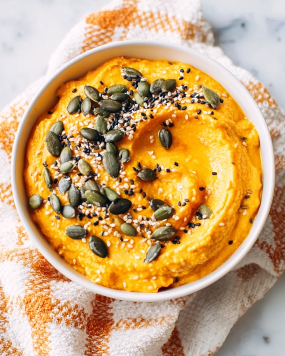 A white bowl filled with a thick, creamy orange spread that looks smooth with small chunks, topped with a drizzle of red oil and scattered pumpkin seeds. The bowl is placed on a white marbled surface with slices of flatbread beside it. The spread has a slight texture from the seeds and the drizzle adds a shiny element over the orange base. The scene has a bright, clean look. photo taken with an iphone --ar 4:5 --v 7