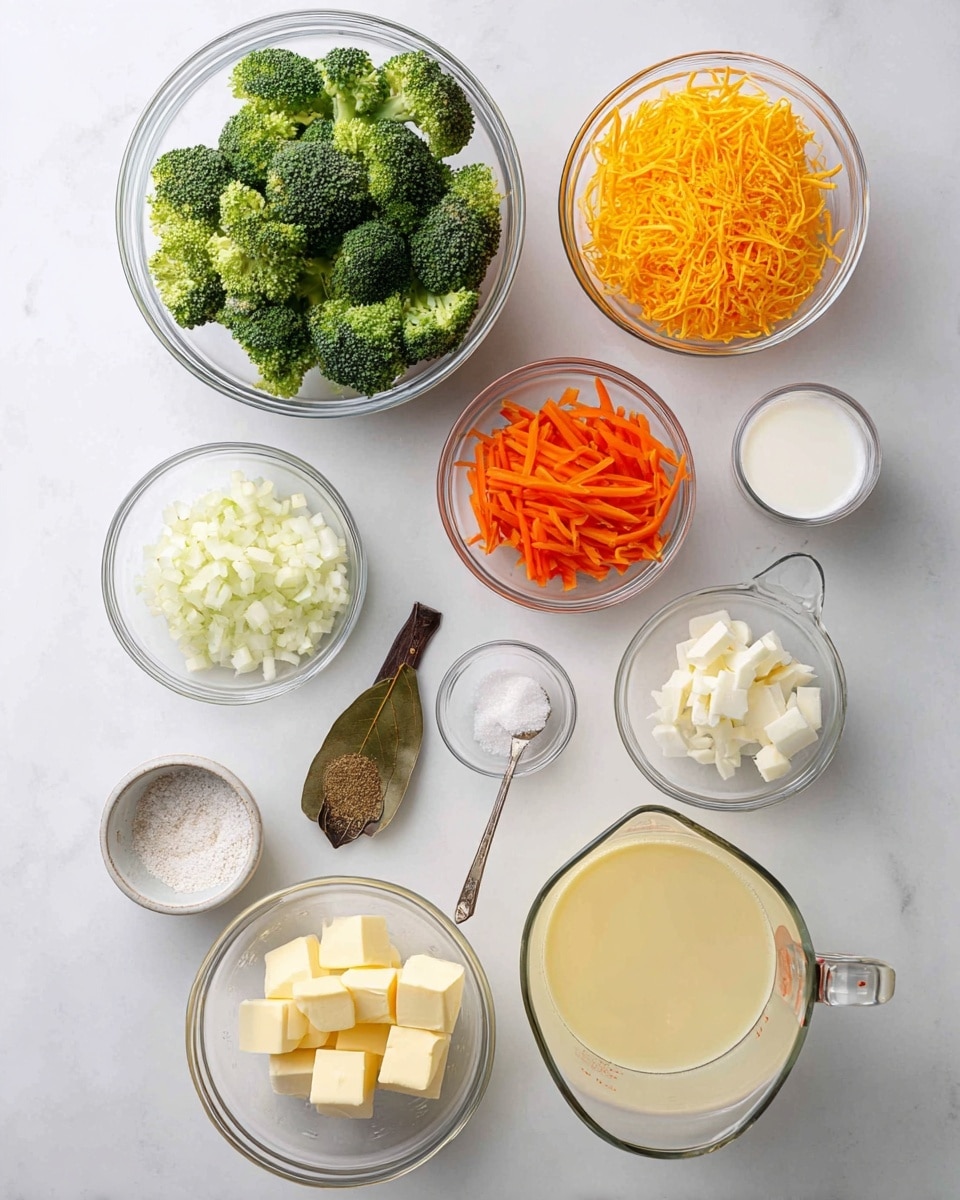 The image shows an overhead view of several clear glass bowls and measuring cups with cooking ingredients arranged neatly on a white marbled surface. From top left, a large bowl filled with bright green broccoli florets, next to it on the right is a medium bowl of bright orange shredded cheese. Below the broccoli is a small bowl with white chopped onions, and next to the cheese is a bowl with thin orange carrot sticks. To the right of the carrots is a tiny bowl holding a single brown bay leaf. Going down, a large clear measuring cup with light yellow broth sits next to another large measuring cup filled with white milk. Near the bottom center, a small bowl holds several cubes of pale yellow butter. To the left are a small bowl of minced garlic, a half-cup measuring cup of white flour, a teaspoon with brown spice, and a tiny bowl with black pepper and white salt. Everything is placed on a clean, white marbled surface. Photo taken with an iphone --ar 4:5 --v 7