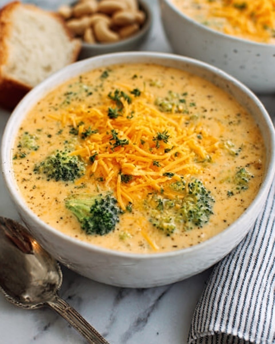 The image shows a white bowl filled with creamy broccoli cheddar soup. The soup has a thick texture with light orange color and green broccoli pieces visible throughout. On top, there is a layer of shredded bright orange cheddar cheese sprinkled evenly, along with small green herb bits scattered over the cheese. The bowl sits on a white marbled surface, with a spoon and some cashews next to it. A slice of bread is partially visible in the background. Photo taken with an iphone --ar 4:5 --v 7