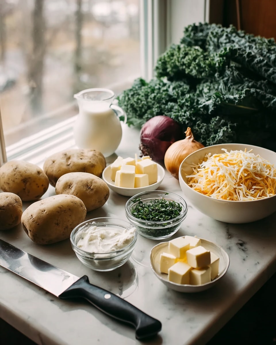 The image shows ingredients for a dish arranged on a white marbled surface by a window with soft natural light. There are five light brown potatoes spread on the left side, with a black vegetable peeler and a knife laying in front. In the middle, there is a small glass bowl filled with chopped green herbs. In front of the herbs, there is a small clear glass bowl with white sour cream and a small white ceramic pitcher with milk. Behind the herbs, a white bowl holds six cubes of light yellow butter. To the right, a white bowl is filled with shredded pale orange cheese and several light brown potatoes. At the back, there is a large dark green bunch of kale and a single red onion, creating a fresh and earthy look. Photo taken with an iphone --ar 4:5 --v 7