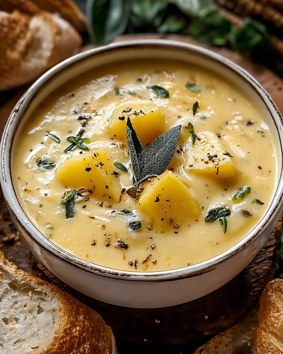 The image shows a close-up of a white bowl filled with creamy potato soup. The soup has a soft yellow color with chunks of light yellow potato pieces scattered throughout. On top, there are a few sprigs of dark green herbs and small black pepper flakes sprinkled across the surface. The bowl sits on a wooden surface with pieces of crusty bread around it, and in the background, there are some green leaves visible. The soup looks thick and smooth with a cozy, homemade feel. photo taken with an iphone --ar 4:5 --v 7
