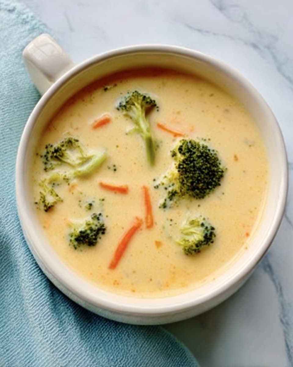 A white bowl filled with thick, creamy soup that has a light yellow color. The soup contains small, chopped green broccoli pieces and tiny orange carrot bits evenly spread throughout. A wooden spoon with a grey handle rests inside the bowl, partially covered by the soup. The bowl is placed on a white marbled surface. photo taken with an iphone --ar 4:5 --v 7