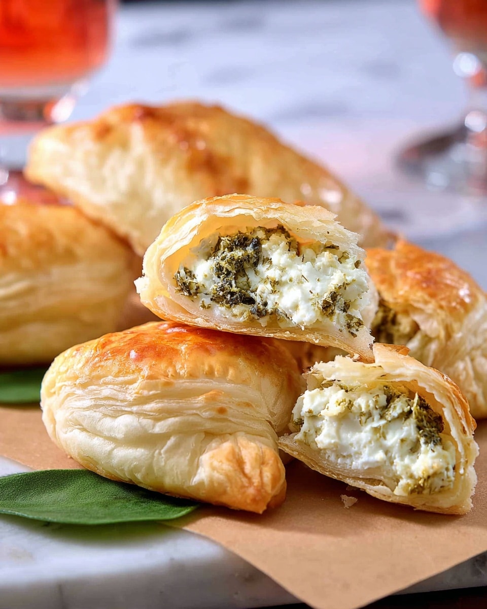 Three golden-brown, triangular puff pastries with a shiny, crispy surface sit on white parchment paper in a round white plate. The pastries are layered close together, showing flaky textures and slight browning on the edges. A small green herb sprig rests near the top left of the pastries, adding color contrast. The plate is placed on a rough burlap cloth on top of a white marbled surface. The lighting highlights the pastries' crispiness and golden color. photo taken with an iphone --ar 4:5 --v 7