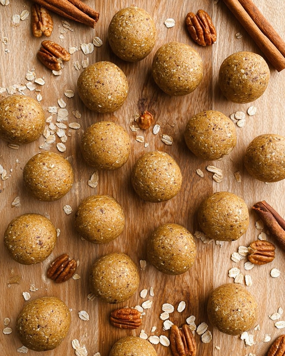 The image shows about twenty round energy balls with a light brown color and slightly rough texture, placed all over a wooden surface. Around the balls, there are scattered oats, pecan nuts, walnut pieces, and two cinnamon sticks on the top right and bottom left corners. The energy balls are evenly spaced and look dense but smooth, with no visible layers inside. The wooden surface has natural wood grain patterns adding warmth to the picture. Photo taken with an iphone --ar 4:5 --v 7