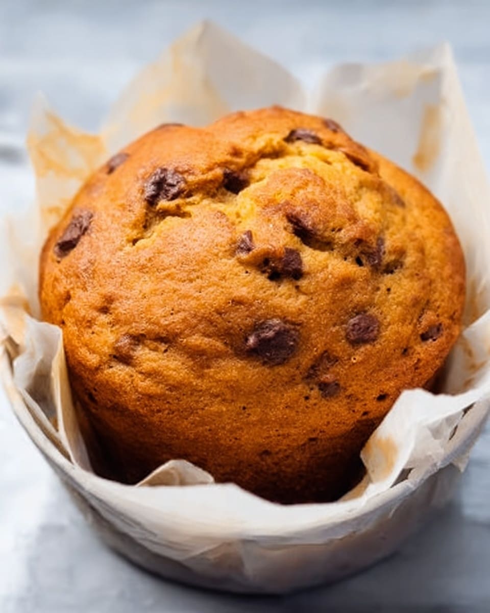 A round muffin with a rough top, golden-brown in color with a few dark brown spots of chocolate chips showing through. It sits in a white paper liner inside a white baking tin. The tin is placed on a white marbled surface. The muffin looks soft with a slightly cracked surface. Photo taken with an iphone --ar 4:5 --v 7