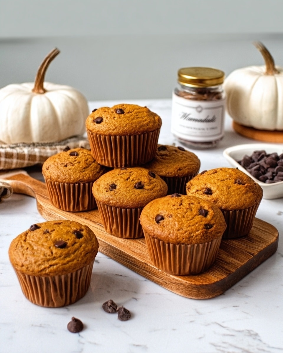 The image shows a wooden board placed on a white marbled surface, holding eight golden brown muffins with smooth tops and some visible chocolate chips scattered on and around them. Three muffins are stacked on the left side, while the others are arranged in a clustered group to the right, with the front muffins slightly leaning forward. In the background, there is a white pumpkin, a small white jar labeled