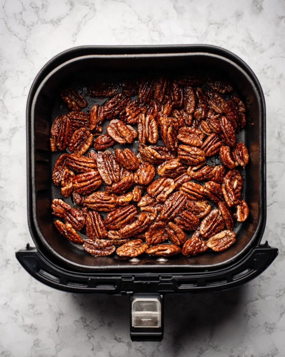 The image shows a single layer of roasted pecans inside a black air fryer basket. The pecans are spread evenly, covering the whole bottom of the basket, and their brown, slightly shiny texture suggests they are crisp and cooked. The air fryer basket has a handle at the front and is set against a white marbled surface. photo taken with an iphone --ar 4:5 --v 7