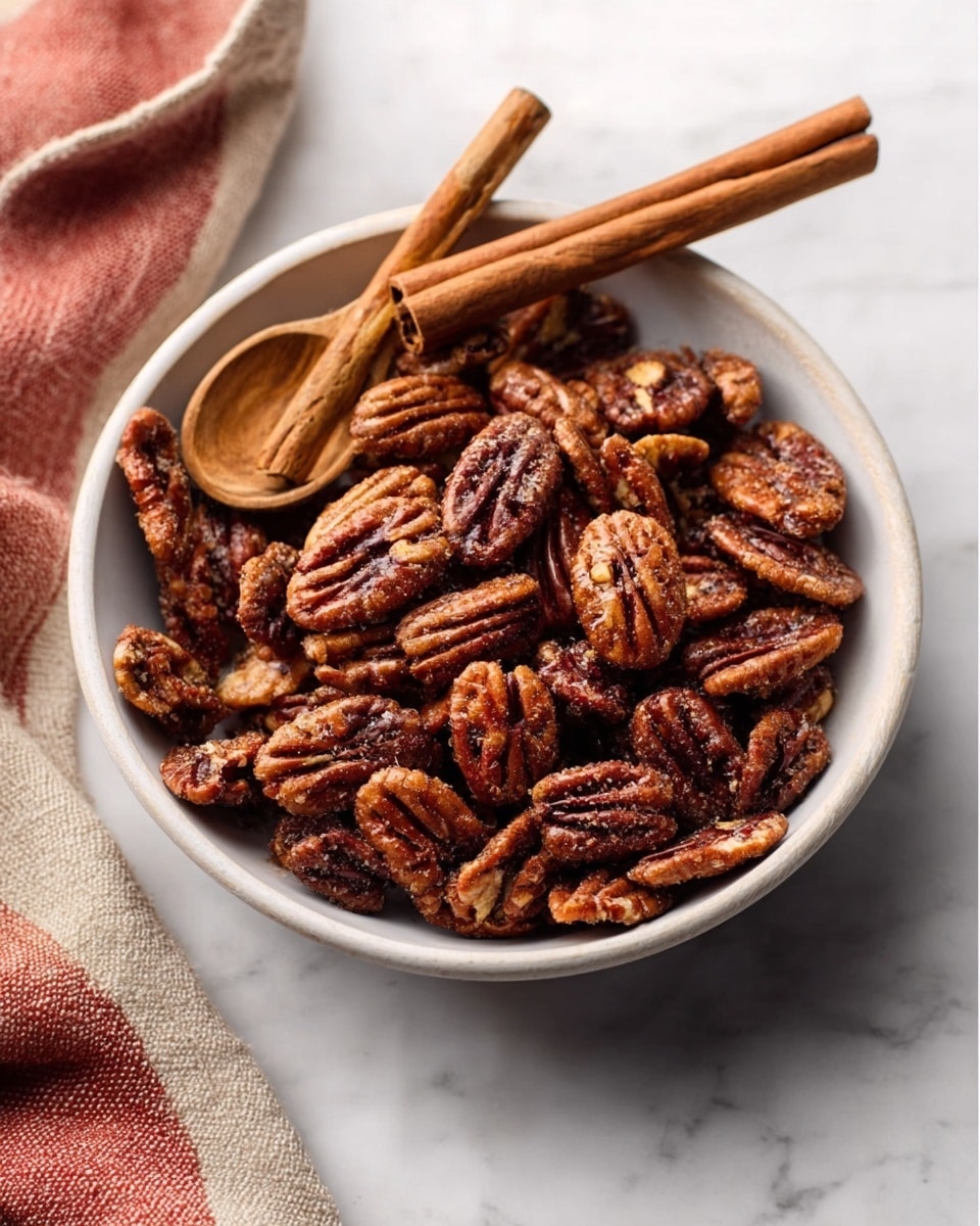 A white bowl full of roasted pecans that look crispy and dark brown. Two cinnamon sticks lie on top of the pecans, adding a warm, spicy touch. A wooden spoon rests in the bowl with its handle coming out, inviting to scoop the nuts. The bowl is on a white marbled surface with a soft cloth nearby in reddish and beige tones, adding a cozy feel to the scene. Photo taken with an iphone --ar 4:5 --v 7
