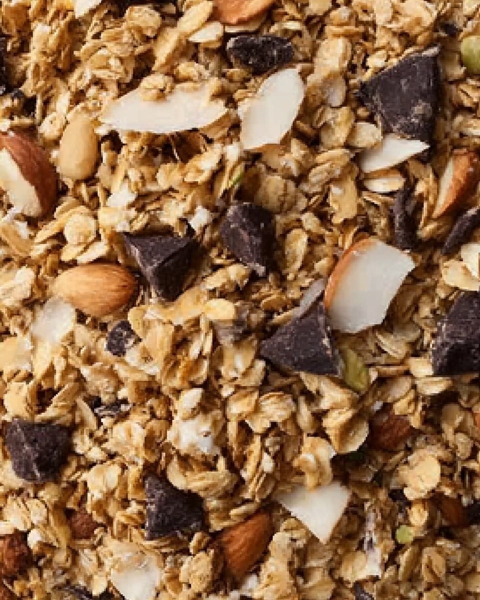 The image shows a close-up view of a mixture of granola with different textures and colors. The granola consists of light brown toasted oats, white almond flakes, and large dark brown chocolate chips scattered unevenly throughout. The overall feel is crunchy with a mix of rough flakes and smooth chocolate. The focus is tight on the granola, filling the frame completely with no background visible. photo taken with an iphone --ar 4:5 --v 7