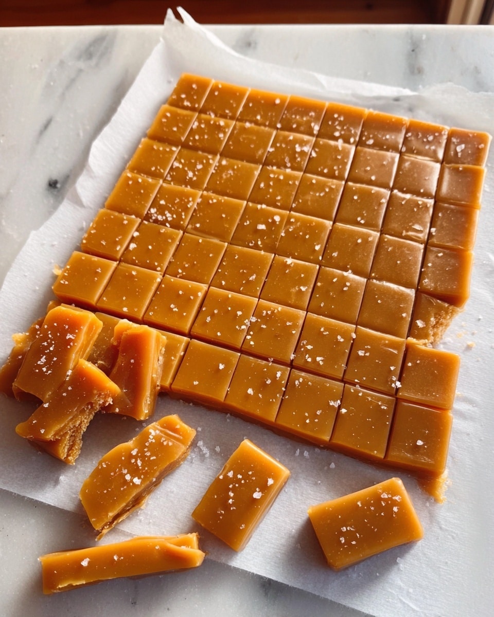 A large, flat, square sheet of caramel-colored candy with a smooth, shiny surface sits on white parchment paper atop a white marbled surface. The caramel is cut into small rectangles arranged neatly in a grid. The candy looks soft with a slightly sticky texture, and some pieces are pulled apart and laid in front of the main sheet, showing a thick, dense inside. Small white salt crystals are sprinkled lightly across the top. Photo taken with an iphone --ar 4:5 --v 7