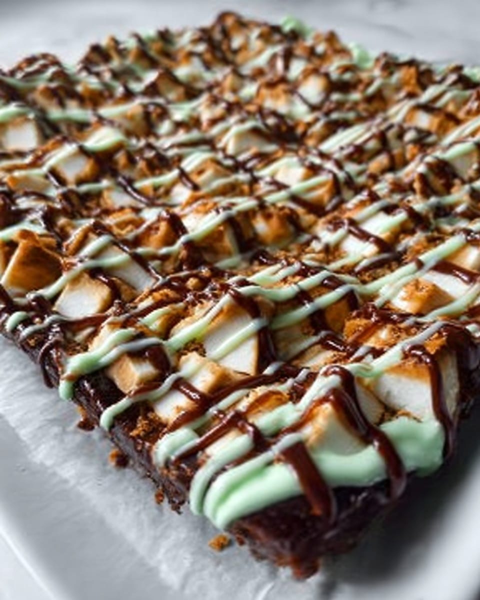A close-up image of a large rectangular dessert with multiple layers, starting with a dark chocolate base layer, topped with small cubes of what looks like white and light brown pieces spread evenly across the surface. Over the toppings, there are two different drizzles in thin lines crisscrossing each other: one is dark brown chocolate and the other is a light mint green sauce. The dessert is placed on a white plate set on a white marbled surface. Photo taken with an iphone --ar 4:5 --v 7
