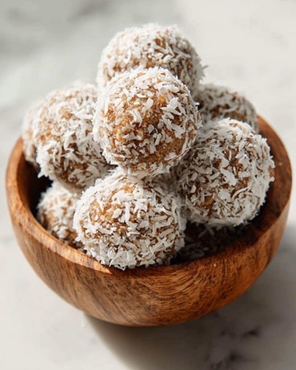 A small wooden bowl filled with round energy balls covered in shredded coconut. Each ball shows a rough texture with white coconut flakes all around, making the surface look soft and slightly fluffy. The balls are piled on top of each other inside the bowl, which sits on a white marbled surface. The lighting is natural and bright, highlighting the texture of the coconut and the wooden bowl. photo taken with an iphone --ar 4:5 --v 7