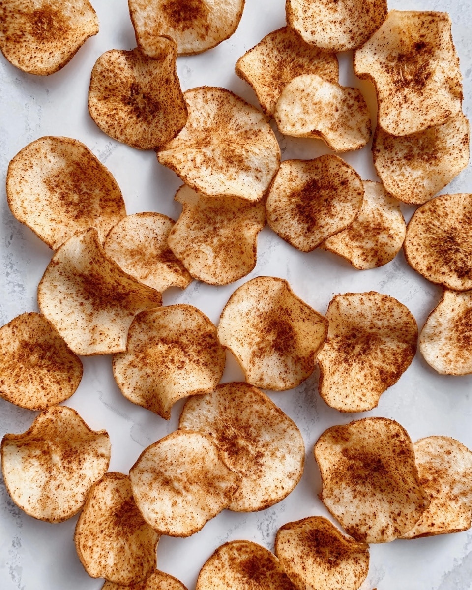 The image shows many thin, round chips scattered over a white marbled surface. Each chip has a light brown color with darker brown spots, giving them a roasted look. The edges of the chips are slightly curled and uneven, with a texture that appears crispy and dry. The chips vary in size and shape but all have a similar golden-brown tone, making the entire scene look warm and inviting. Photo taken with an iphone --ar 4:5 --v 7