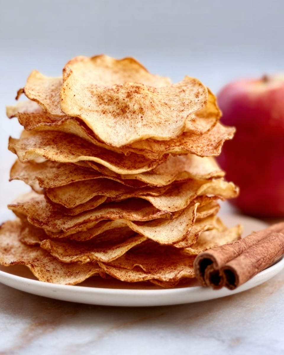 The image shows a tall stack of thin apple chips on a white plate, each chip light golden with a slightly curled shape and specks of cinnamon. The apple chips have a dry, crispy texture with soft edges. Beside the stack, there is a cinnamon stick lying on the white marbled surface, and a bright red whole apple is partially visible in the background. The overall colors are warm beige, light brown, and red, with a cozy, natural feel. Photo taken with an iphone --ar 4:5 --v 7