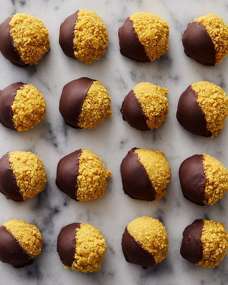 Fifteen small round treats are arranged in a loose grid on a white marbled surface. Each treat has a textured yellow layer that looks crunchy or crumbly, covering roughly half of the round shape, while the other half is smooth and coated in dark brown chocolate. The layers alternate evenly between the crumbly yellow part and the shiny chocolate dipped part, giving a contrast in color and texture. Photo taken with an iphone --ar 4:5 --v 7
