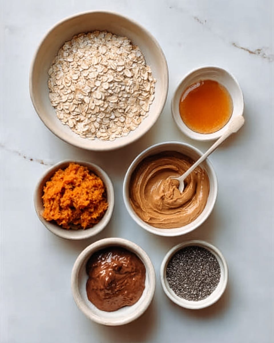 The image shows six white bowls of different sizes arranged on a white marbled surface. The largest bowl at the top has light beige oatmeal flakes with a rough texture. To its right is a small white bowl containing thick honey with a smooth, glossy surface and a drop of honey hanging from a woman's hand pouring it. Below the oatmeal bowl is a white bowl filled with creamy peanut butter in a rich brown color, smooth and swirled. To the right of that is a small white bowl with dense, vibrant orange pumpkin puree, smooth in texture. Below the peanut butter bowl is a smaller white bowl holding chocolate peanut butter, dark brown and creamy with a smooth surface that shows small ridges. To the bottom right, there is a small white bowl with black and white chia seeds, round and tiny, filling the bowl evenly. The setup looks very neat and clean, with soft natural lighting. Photo taken with an iphone --ar 4:5 --v 7