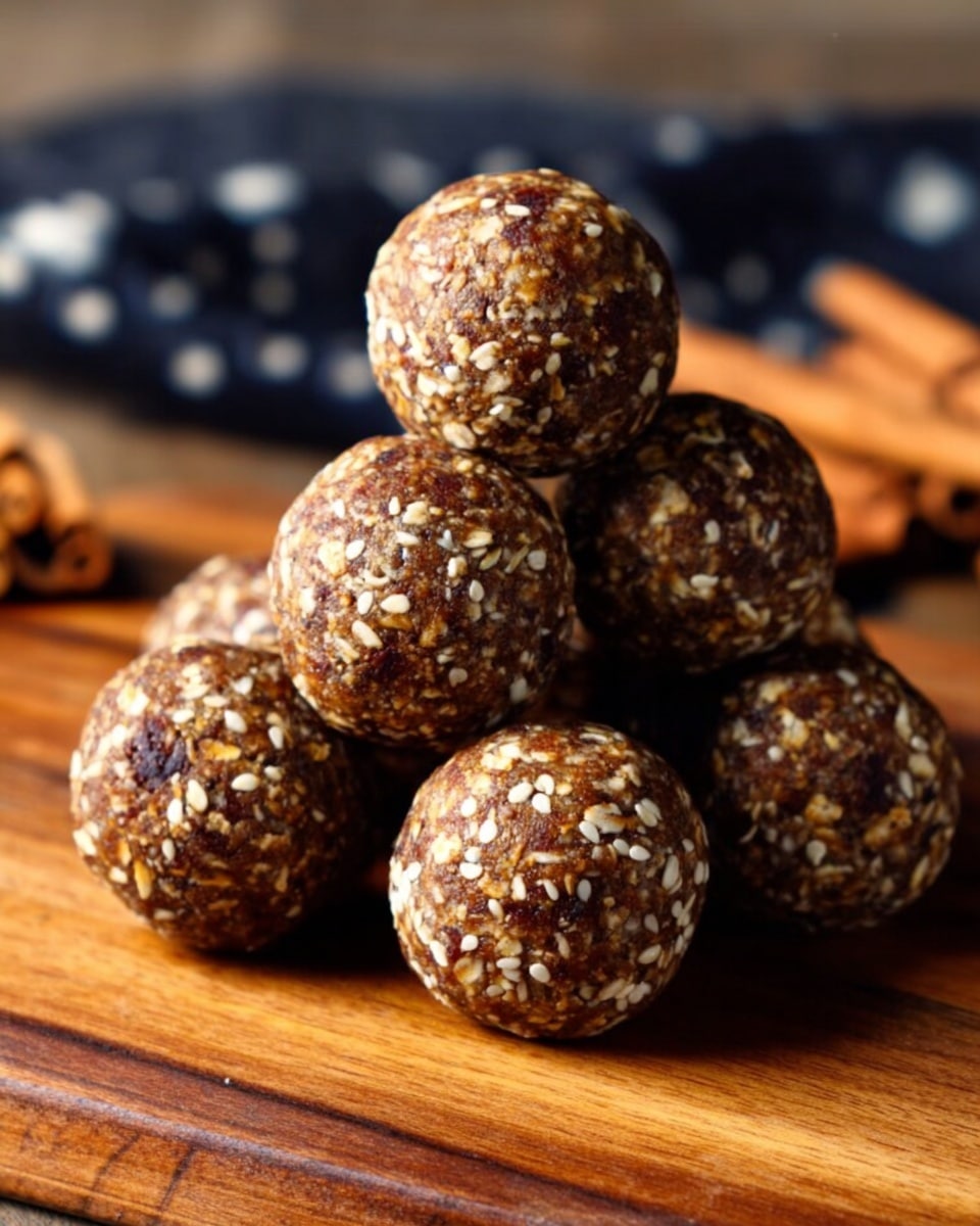 A close-up view of six round energy balls stacked together on a wooden board with a rich brown color and grain texture. Each ball has a rough layered surface showing visible oats, seeds, and small bits of nuts with a dark brown base color mixed with light tan oats and small white sesame seeds scattered across. The background shows a soft focus with a dark cloth featuring white polka dots and some cinnamon sticks. The light shines gently, highlighting the texture and natural ingredients on the balls. photo taken with an iphone --ar 4:5 --v 7