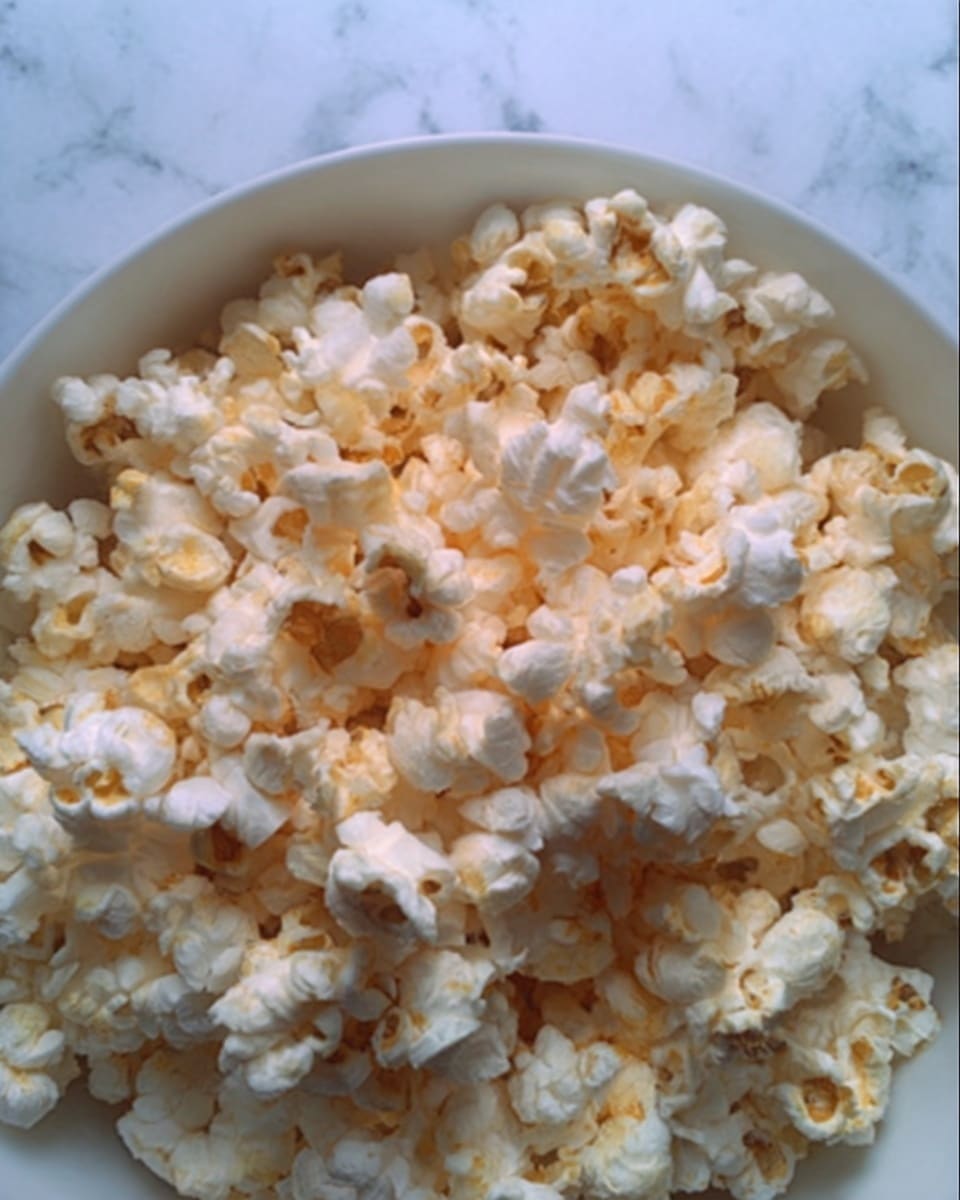 The image shows a close-up view of a bowl filled with fresh popcorn. The popcorn is fluffy and mostly white with some light golden-yellow spots from butter or seasoning. The popcorn pieces are layered unevenly, creating a textured and cozy look. The bowl is white and sits on a white marbled surface. photo taken with an iphone --ar 4:5 --v 7