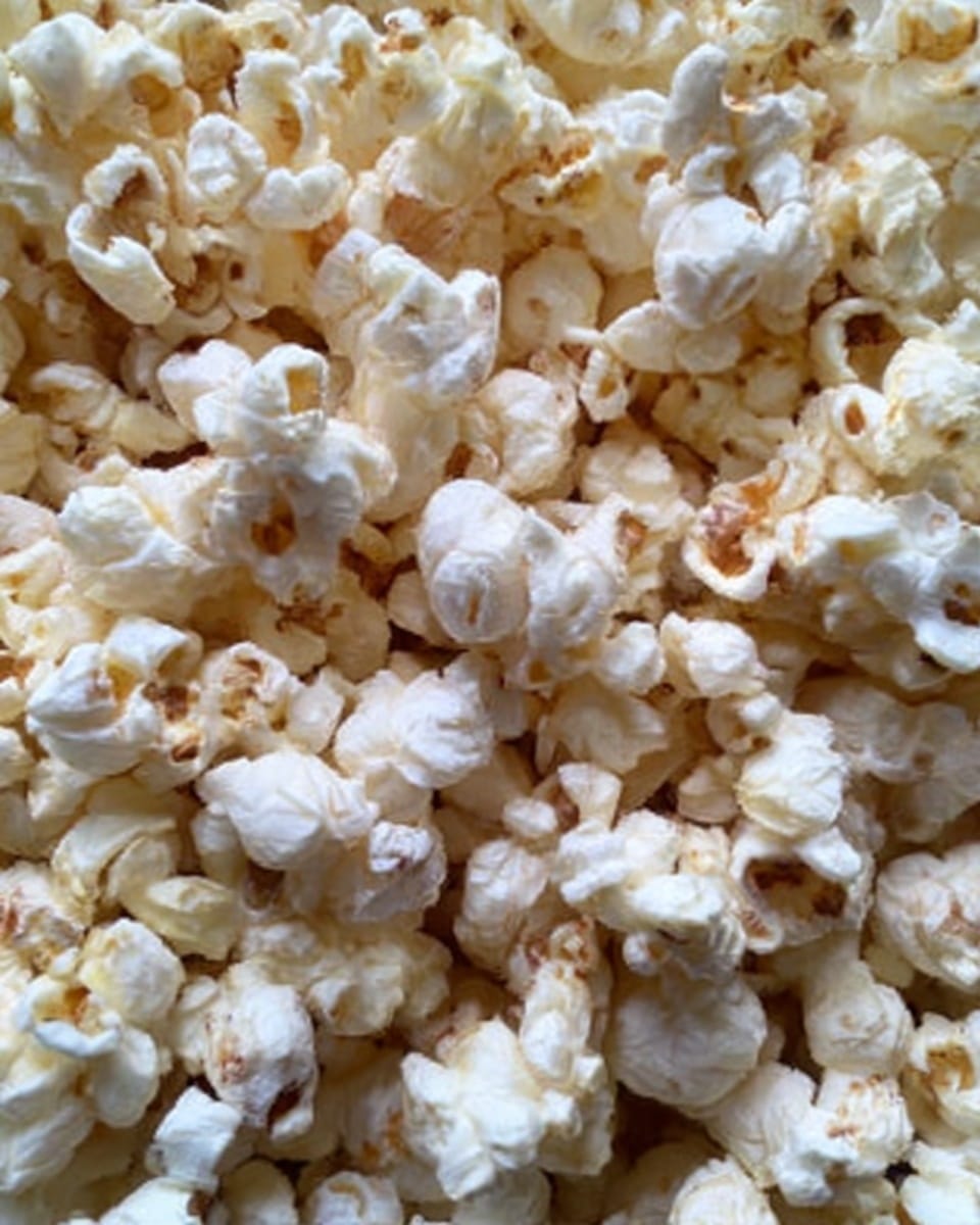 The image shows a close-up view of a pile of white popcorn. Each popcorn piece has a light, fluffy texture with some parts slightly golden and crisp. The popcorn fills the whole frame without any visible bowl or plate, and the colors vary from creamy white to pale yellow. The background is not seen, focusing all attention on the popcorn itself. photo taken with an iphone --ar 4:5 --v 7