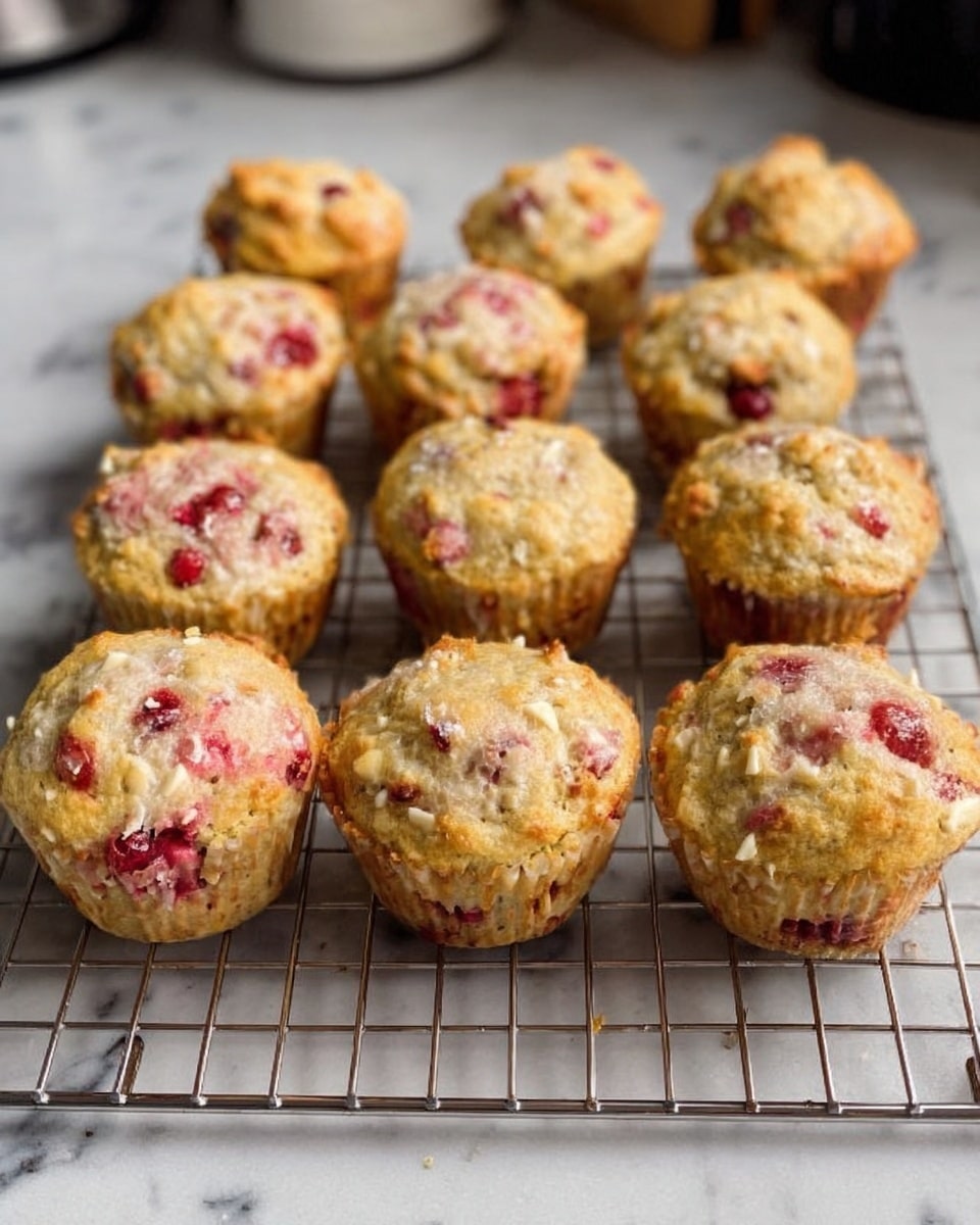 The image shows twelve muffins cooling on a wire rack placed on a white marbled surface. Each muffin is golden brown with a slightly rough texture, filled with small red and white bits inside, which look like berries and white chocolate or nuts. The muffins have light cracks on the top surface, showing their soft inside. The rack is silver, and the muffins are arranged in three rows, some closer together. The background includes kitchen items blurred out but sitting on the white marbled surface. Photo taken with an iphone --ar 4:5 --v 7