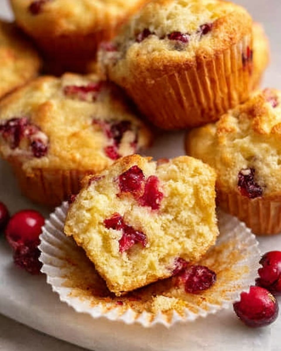 The image shows several golden brown muffins with a soft and crumbly texture, each studded with bright red cranberries throughout. One muffin is split open, revealing moist, light yellow inside with scattered red cranberries. The muffins sit on a white paper cupcake liner, all placed on a white marbled surface. The overall look is warm and inviting, with a close-up view that highlights the texture and the fresh berries inside. Photo taken with an iphone --ar 4:5 --v 7