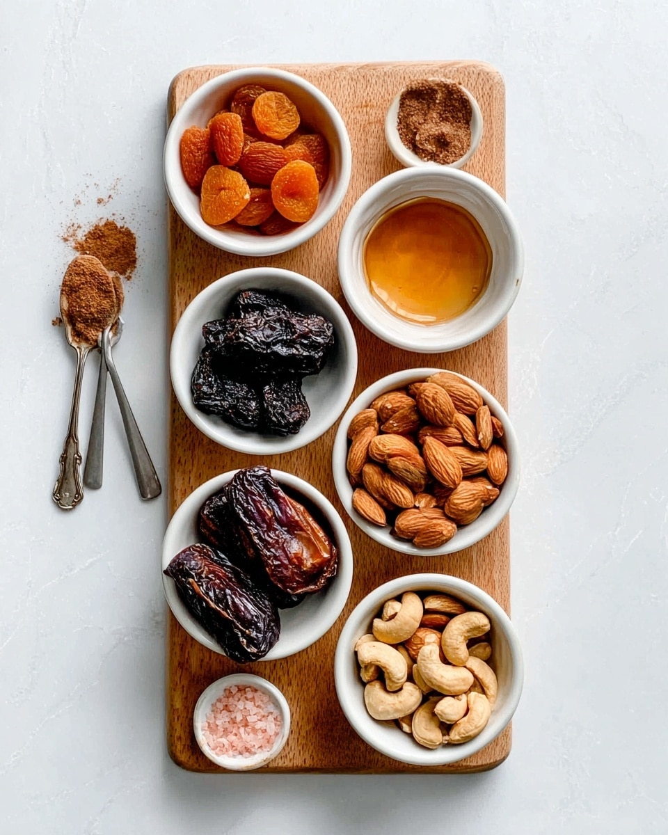 The image shows six small white bowls arranged on a wooden board over a white marbled surface. From top left to bottom right, the first bowl contains small orange dried apricots with a slightly wrinkled texture. The bowl next to it holds dark, round dried prunes with a shiny surface. Below the apricots, there is a bowl filled with whole almonds that are light brown and smooth. To the right, a bowl is filled with a small amount of golden-brown liquid, likely honey, which has a clear, shiny texture. Below the prunes, there is a bowl with two large pieces of dark brown dried dates that are wrinkled and glossy. At the bottom right, the last bowl contains a mix of light brown cashews with a slightly curved shape and smooth surface. On the left side of the wooden board, two small spoons rest on the white marbled surface, one filled with pink salt crystals and the other with a brown powder, perhaps cinnamon. The composition is simple, bright, and neat. photo taken with an iphone --ar 4:5 --v 7