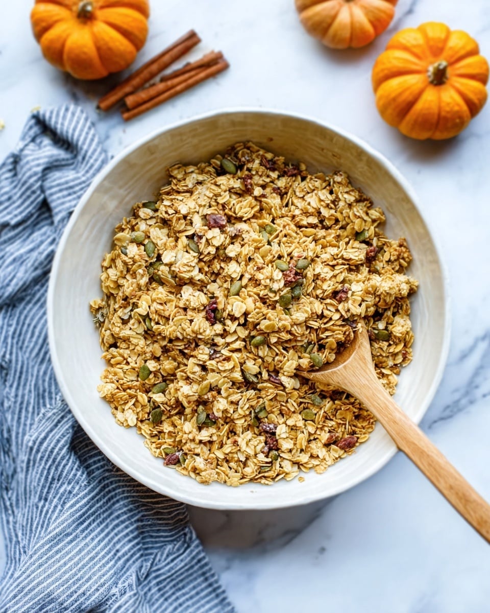 A white bowl filled with a large pile of light brown and golden granola oats mixed with seeds and small nuts. The granola has a crunchy texture with uneven clusters and is heaped in the center of the bowl. A wooden spoon with a light brown handle rests inside the bowl, angled diagonally. The bowl sits on a white marbled surface, and in the background, there are two small orange pumpkins and two cinnamon sticks placed near the bowl. A blue and white striped cloth is under the bowl on the left side. The overall look is warm and autumn-themed. photo taken with an iphone --ar 4:5 --v 7