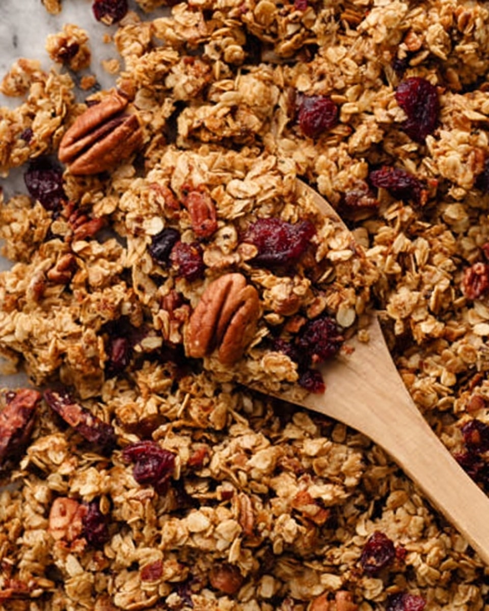 The image shows a close-up of crunchy granola with visible chunks of pecans and dried cranberries mixed throughout. The granola is golden brown with a rough, textured surface, and it fills the entire frame. A wooden spoon rests on top, holding a small scoop of the granola mix. The background is a white marbled texture. photo taken with an iphone --ar 4:5 --v 7