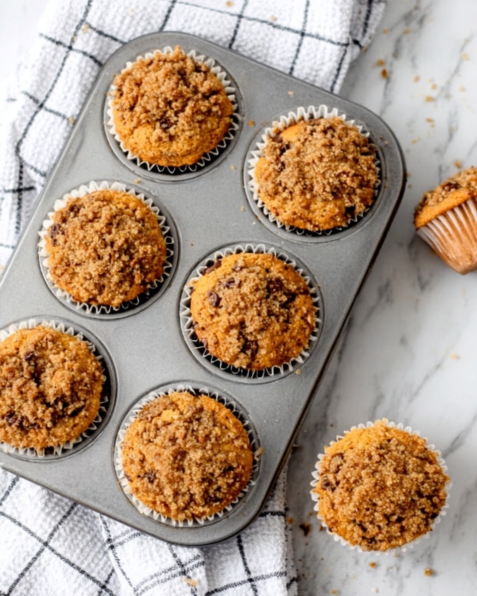 The image shows seven muffins with a crumbly, golden brown top full of small crunchy bits, inside a silver muffin pan placed on a white marbled surface. The muffins have a light brown color with darker brown bits mixed inside, each sitting in white paper liners. One muffin is outside the pan on the right side, showing its textured top and soft inside. The background includes a white and gray checkered cloth partly under the pan. photo taken with an iphone --ar 4:5 --v 7